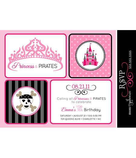 Princesses and Pirates Birthday Party Printable Invitation - Black Grey and Pink